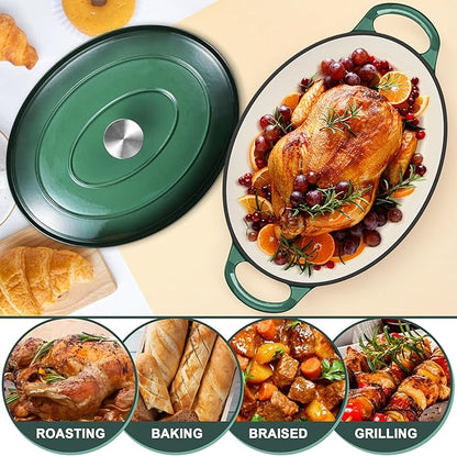 E-far 7QT Oval Dutch Oven Pot with Lid, Enameled Cast Iron Dutch Oven with Dual Handles, Heavy-Duty Cookware for Sourdough Bread Baking, Braising, Stews, Oven Safe & Easy Clean, Dark Green