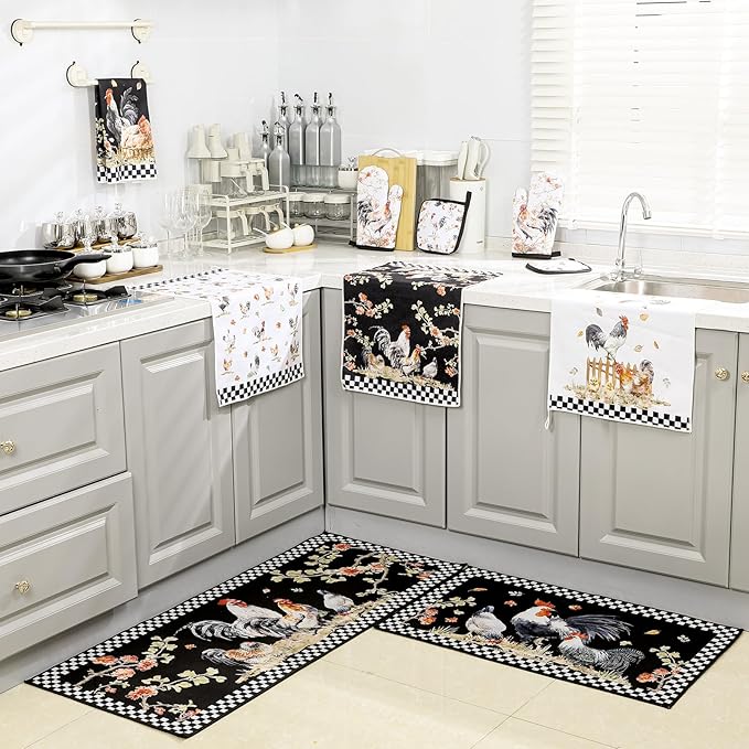 Fourluoo 10 Pcs Rooster Kitchen Dish Towels Rugs Oven Mitts and Pot Holders Set Farmhouse Kitchen Decor Set for Women Mom Daughter Gift Cooking Baking Grilling (Vintage Black White)