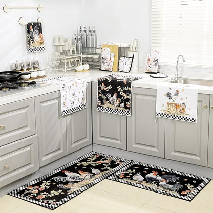 Fourluoo 10 Pcs Rooster Kitchen Dish Towels Rugs Oven Mitts and Pot Holders Set Farmhouse Kitchen Decor Set for Women Mom Daughter Gift Cooking Baking Grilling (Vintage Black White)