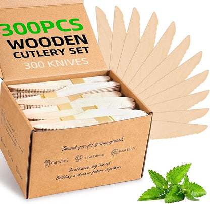 Disposable Wooden Utensils Set, Compostable Utensils, Disposable Cutlery Eco-Friendly Silverware Set for Parties, Catering, Office Lunches-300 PCS 6.4" Knives