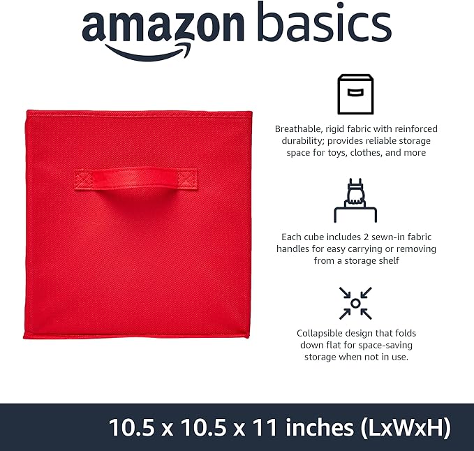 Amazon Basics Cube Organizer Storage Bins Handles, Collapsible Fabric, 10.5"x10.5"x11", Red (Pack of 30) - Image 2
