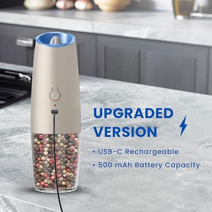 UNNEES Rechargeable Electric Salt and Pepper Grinder set of 2, gravity electric salt and pepper grinder set, Adjustable Roughness, LED Light, 2 Pack, (Khaki) - Image 2
