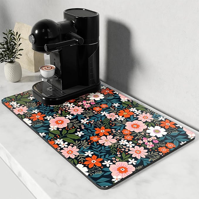 Rnivvi Coffee Mat, 12" x 19" Cute Coffee Bar Mats for Espresso Machine Station Accessories and Organizer, Hide Stain Rubber Backed Absorbent Dish Drying Pad for Kitchen Counter, Floral Cartoon by Rnivvi