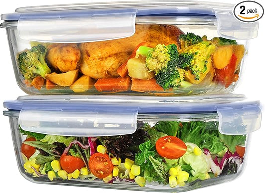 Vtopmart 2Pack 2260ml/ 76.4oz Large Glass Storage Containers with Lids, Meal Prep Food Container Set with Snap Airtight Lid for Baking, Microwave, Oven, Leak Proof, for Freezer, Dishwasher, Blue