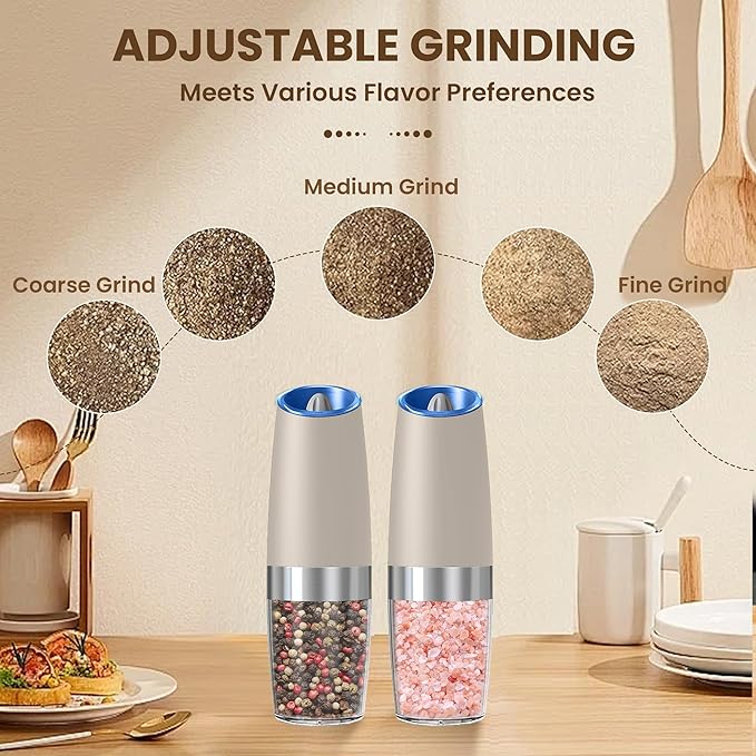 Gravity Electric Salt And Pepper Grinder Set, Automatic Salt And Pepper Grinder Set, Battery Powered (6 AAA Batteries Each), Adjustable Roughness, LED Light, 2 Pack, (Khaki) - Image 3