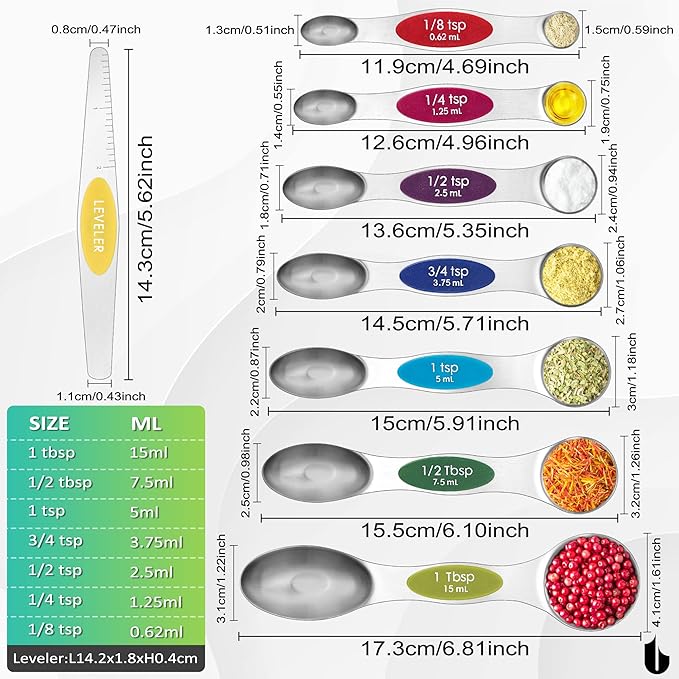 Urbanstrive Magnetic Measuring Spoons Set Stainless Steel, Dual Sided for Liquid Dry Food, Measuring Cups Spoons Set Fits in Spice Jar, Kitchen Gadgets, Cooking Utensils Set, Including Leveler, 8Color - Image 2