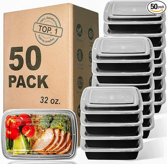 WGCC Meal Prep Containers, 32OZ 50 Pack Extra-thick Food Storage Containers with Lids, Plastic Microwavable Bento Box Reusable Storage Lunch Boxes BPA Free, Stackable, Dishwasher/Freezer Safe by WGCC
