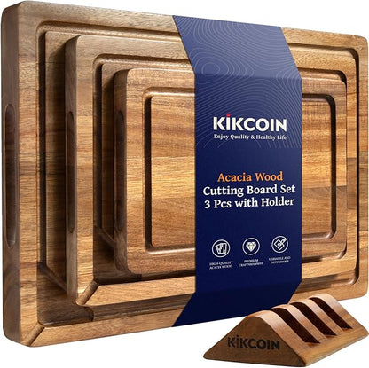 Kikcoin Acacia Wood Cutting Boards for Kitchen, 3 PCS Wooden Cutting Board Set with Holder, Chopping Board with Compartments and Juice Groove, Solid Charcuterie Boards Serving Tray Wood Butcher Block by Kikcoin