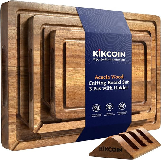 Kikcoin Acacia Wood Cutting Boards for Kitchen, 3 PCS Wooden Cutting Board Set with Holder, Chopping Board with Compartments and Juice Groove, Solid Charcuterie Boards Serving Tray Wood Butcher Block by Kikcoin