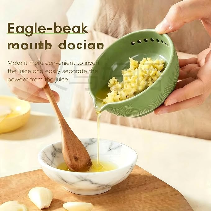 Garlic Grater Bowl 7-hole 2-in-1Kitchen Spanish Handheld Herb Stripper Ceramic Wasabi Cheese Spoon Ginger Spice Grinding Bowl Tool