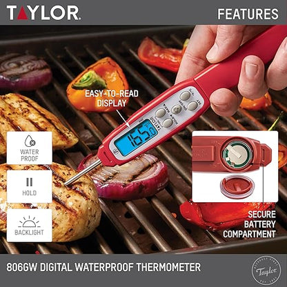 Taylor Digital Instant Read Meat Thermometer for GLP-1 High Protein Meal Prep – Waterproof Kitchen Probe for Chicken, Steak, Lean Cuts, Grill, BBQ – Fast Temperature Check, Blue Backlight Display, Red - Image 2