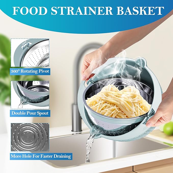 4 in 1 Colander with Mixing Bowl Set, Colander for Kitchen, Strainers and Colanders, Pasta Strainer, Fruit Cleaner, Veggie Wash, Aesthetic Kitchen Essentials - Blue - Image 3