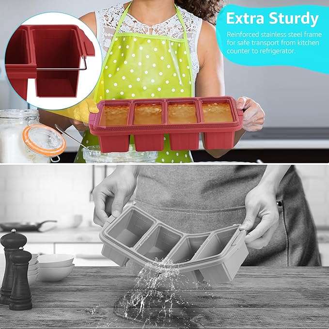 Ztomine Silicone Freezer Tray With Lid - Silicone Freezer Food Molds- Large Ice Cube Tray,Silicone Freezer Container,Freeze & Store Soup, Sauce, Broth,Leftovers - Makes 4 Perfect 1 Cup - Image 4
