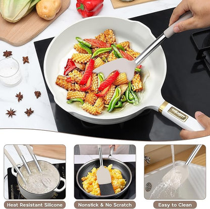 Onader Silicone Cooking Utensils Set of 15, Kitchen Utensils Set with Holder for Nonstick Cookware, 446°F Heat Resistant Stainless Steel Handle - Khaki - Image 4
