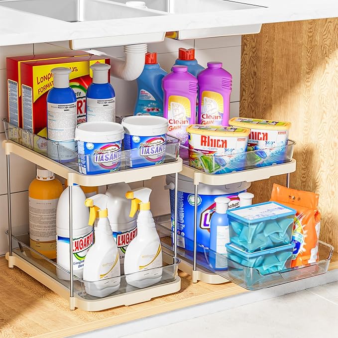 Delamu 2-Tier Multi-Purpose Bathroom Under Sink Organizers and Storage, Stackable Kitchen Pantry Organization, Pull Out Medicine Cabinet Organizer with Movable Dividers, Beige, 4 Pack - Image 4