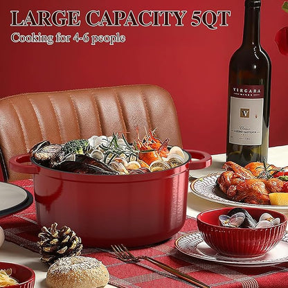 Enameled Cast Iron Dutch Oven - Umite Chef 5QT Pot with Lid & Cotton Potholders - Heavy-Duty Cookware for Bread Baking, Braising, Stews, Roasting(Red) - Image 7