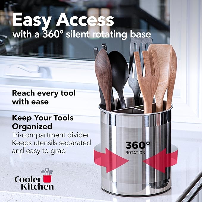 Cooler Kitchen Rotating Extra Large Stainless Steel Utensil Holder Caddy with Sturdy No-Tip Weighted Base, Removable Divider, and Gripped Insert Bottom -Dishwasher Safe Metal Cooking Utensil Holder - Image 2