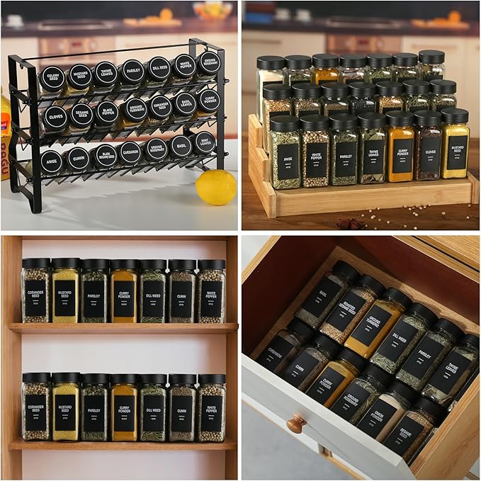 48 Glass Spice Jars with Labels, Spice Jar Set, 4oz Spice Containers, Seasoning Containers with Black Airtight Lids and Shaker Lids, Square Empty Spice Bottles, 492 Labels, 1 Funnel - Image 6