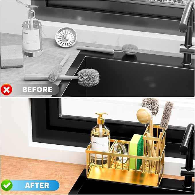 Cisily Gold Kitchen Sink Caddy Organzier with High Brush Holder, Sponge Holder for Sink, 304 Rustproof Stainless, Kitchen Countertop Soap Dispenser Organizer, Home Decor and Accessories - Image 6