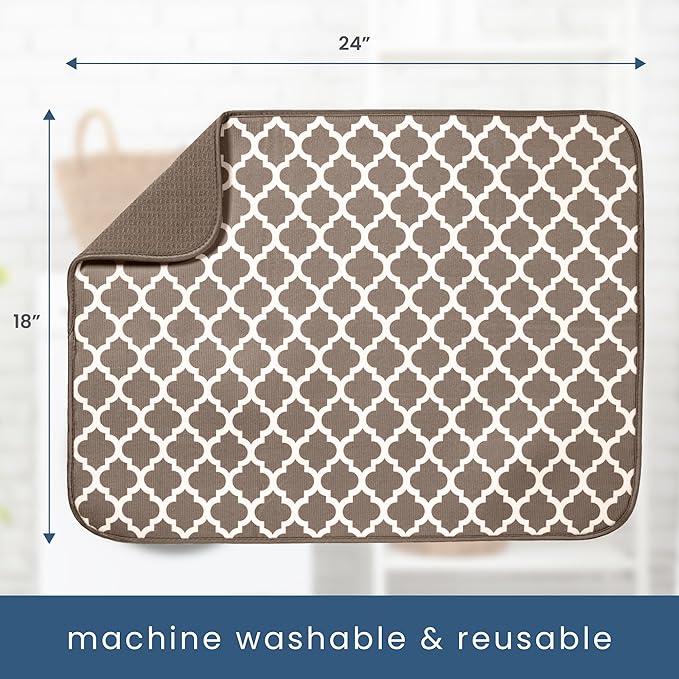 S&T INC. Dish Drying Mat XL, 18” x 24”, Absorbent Microfiber Kitchen Counter Mat, Dish Drying Pad for Dishes, Utensils, Pots and Pans, Extra Large, Taupe Trellis - Image 6