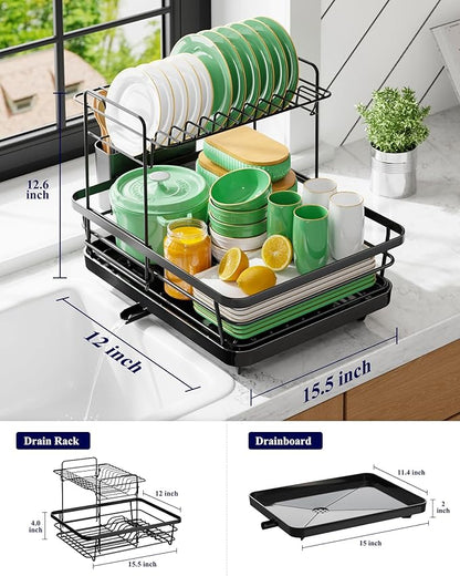 Kitsure Dish Drying Rack for Kitchen Counter, Stainless Steel Sink Organization and Storage Essentials with Cutlery Holder, Home and Appartment Decor, 12''W x 15.5''L, 2 Tiers, Black - Image 2