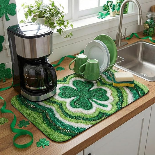 St Patrick’s Day Dish Drying Mat: 12’’x20’’ Green Shamrock Absorbent Counter Protector, Non-Slip Bar & Coffee Mat - Irish Lucky Clover Gold Coin Theme Home Kitchen Holiday Decor