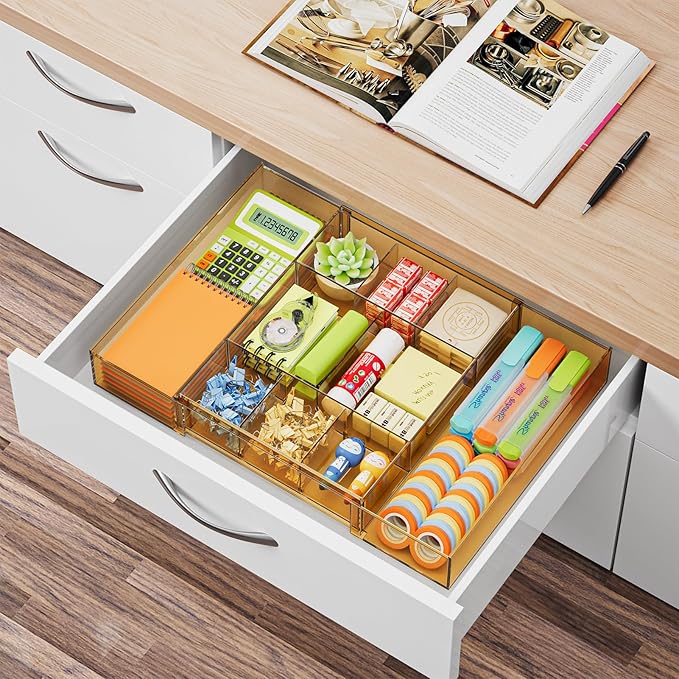 Marbrasse Expandable Desk Drawer Organizer, Clear Plastic Drawer Organizer Tray with 10 Adjustable Compartments, Desk Organizers and Accessories, 5 Drawer Dividers for Office Supplies(Clear Champagne) - Image 8