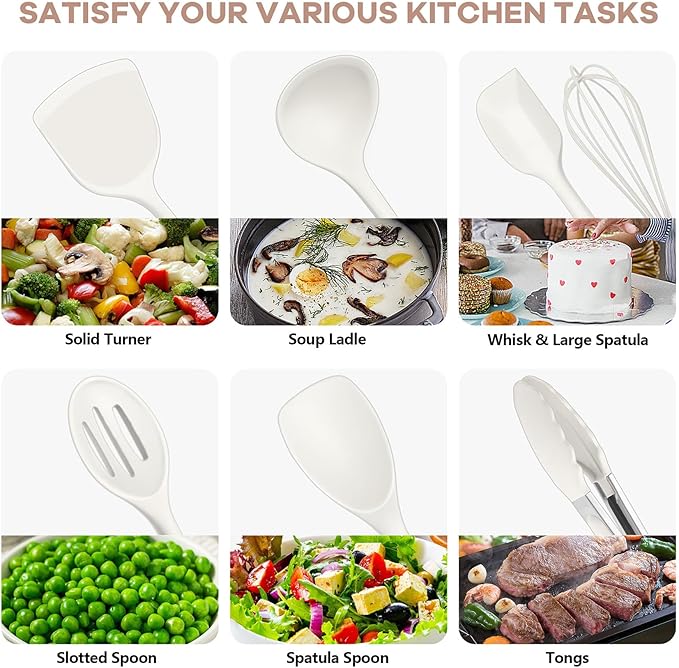 TeamFar Kitchen Cooking Utensils, 10 pcs Silicone Cooking Utensils Set, 446°F Heat Resistant Kitchen Gadgets Tools Set w/Spatula, Turners, Spoons, Soup Ladle, Pasta Server for Nonstick Cookware, White - Image 6