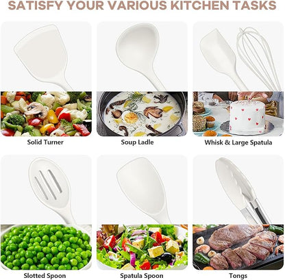 TeamFar Kitchen Cooking Utensils, 10 pcs Silicone Cooking Utensils Set, 446°F Heat Resistant Kitchen Gadgets Tools Set w/Spatula, Turners, Spoons, Soup Ladle, Pasta Server for Nonstick Cookware, White - Image 6