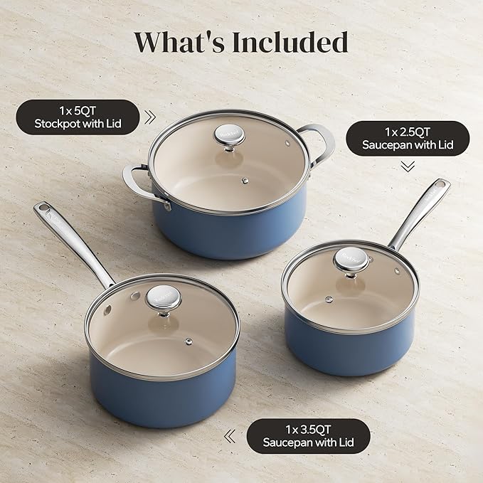 Redchef Non-stick Stock Pots Set 5QT, Sauce Pan with Lids(2.5QT, 3.5QT) Multifunctional Kitchen Cookware Sets, Non Toxic with Stay Cool Handle, PTFE & PFAS & PFOA Free, Dishwasher/Oven Safe (Blue) - Image 8