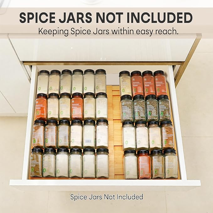 Bamboo Spice Drawer Organizer, (Need 3.1” Deep Drawer) Expandable 4 Tier Spice Rack for Cabinet (From 12" to 23" Wide), Seasoning Storage Insert, Spice Organizer for Drawer,Jars Not Included - Image 3
