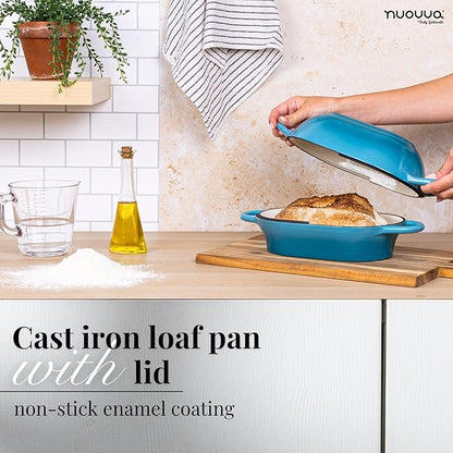 Dutch Oven For Sourdough Bread Baking – Enamelled Cast Iron Bread Loaf Pot – Oven Safe Non Stick Bread Pot – Rectangular,Light Blue, 24cm x 16cm – by Nuovva