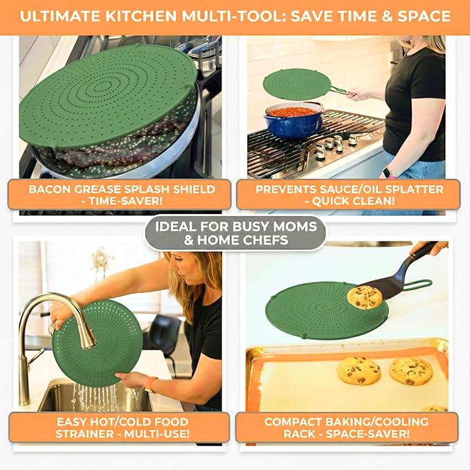 Silicone Splatter Screen for Frying Pan, 13” Green – Grease & Oil Splatter Guard, Heat Resistant, Dishwasher Safe, Foldable Handle with Sleeves – Splash Guard Fits 10–12” Pans, Most 13” Skillets - Image 4