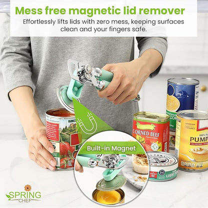 Spring Chef Stainless Steel Can Opener - Manual with Soft Grip Handles, Easy Turn, Heavy Duty Hand Can Opener for Seniors with Smooth Edge - Built-in Magnetic Lid Remover - Mint - Image 5