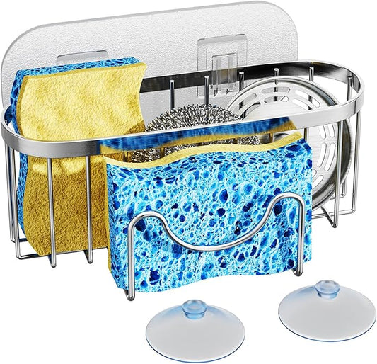 HapiRm Kitchen Sponge Holder for Sink - 2 Installation Methods Kitchen Sink Caddy Organizer with Unique M-Shaped, Rustproof Stainless Steel Sponge Caddy - Silver (Large) by HapiRm