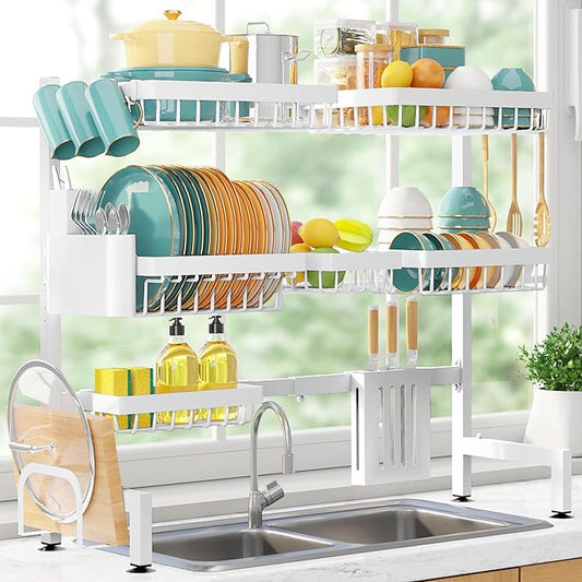 Sakugi Over The Sink Dish Drying Rack - Adjustable 3 Tier XX-Large Capacity Stainless Steel Drainer with Cutlery & Utensil Holders, Kitchen Storage & Organization, 31.5"-39.5"L x 12"W x 30.5"H, White by Sakugi
