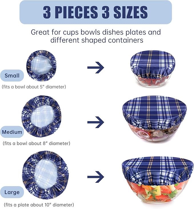 wegreeco Elastic Reusable Bowl Covers for Bread Proofing, Fabric Cloth Sourdough Bowl Covers for Proofing - Set of 3, Blue Check
