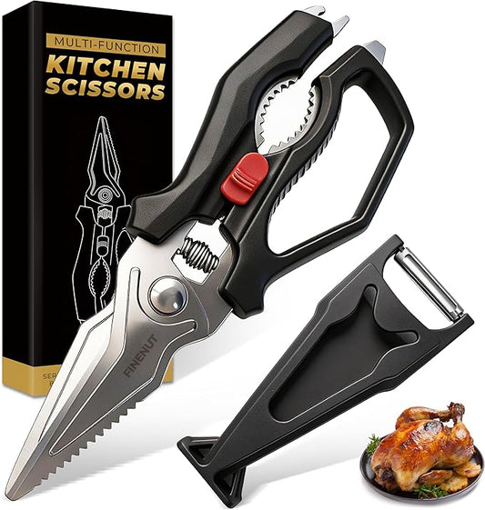 Heavy Duty Kitchen Scissors with Peeler Sheath - Spring Loaded Poultry Shears for Chicken, Meat & Fish - Multipurpose Food Scissors with Safety Lock & Non-Slip Handle, Dishwasher Safe