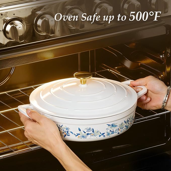 CAROTE 3.5QT Shallow Dutch Oven Enameled Cast Iron Braiser, White & Blue - Image 4