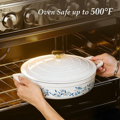 CAROTE 3.5QT Shallow Dutch Oven Enameled Cast Iron Braiser, White & Blue - Image 4