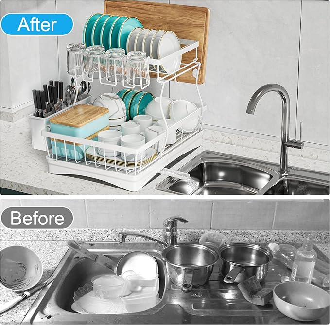 7 code Large Dish Drying Rack, 2-Tier Dish Racks for Kitchen Counter, Detachable Large Capacity Dish Drainer Organizer with Utensil Holder, Dish Drying Rack with Drain Board, White - Image 5