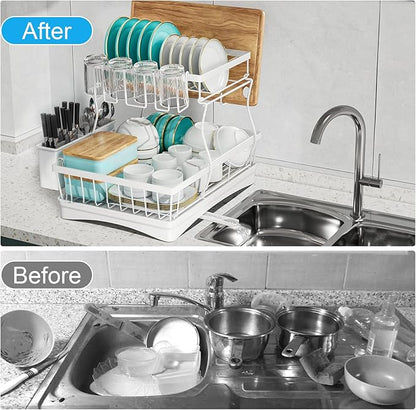 7 code Large Dish Drying Rack, 2-Tier Dish Racks for Kitchen Counter, Detachable Large Capacity Dish Drainer Organizer with Utensil Holder, Dish Drying Rack with Drain Board, White - Image 5
