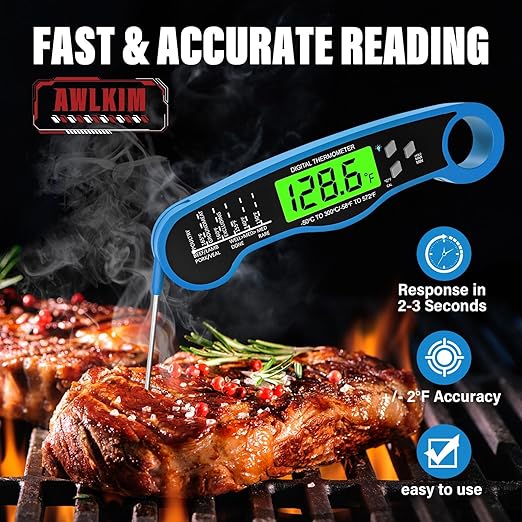 AWLKIM® Meat Thermometer Digital - Fast Instant Read Food Thermometer for Cooking, Candy Making, Outside Grill, IP67 Waterproof Kitchen Thermometer with Backlight, Stocking Stuffers for Men - Blue - Image 2
