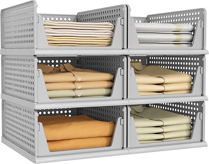 Pinkpum Grey 6 Pack Closet Organizers Storage Bins, Stackable Plastic Drawer Basket for Clothing, Stackable Storage Bins Shelf Storage Container for Closet Wardrobe Bedroom Bathroom Office by Pinkpum