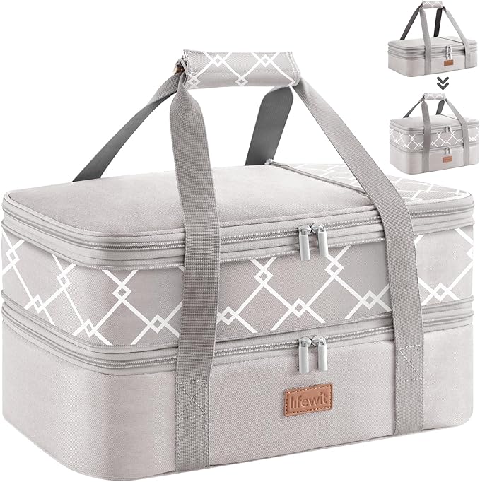 Lifewit Insulated Double Decker Casserole Carrier, Expandable Lasagna Lugger Tote Bag for Hot or Cold Food, Fits 9" x 13" Baking Dish for Potluck Parties, Picnic and Cookouts, Grey-Geometric