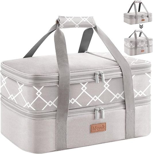 Lifewit Insulated Double Decker Casserole Carrier, Expandable Lasagna Lugger Tote Bag for Hot or Cold Food, Fits 9" x 13" Baking Dish for Potluck Parties, Picnic and Cookouts, Grey-Geometric