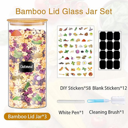 BGraceyy Glass Jars with Bamboo Lids, 58 oz 3 Pcs Kitchen Glass Containers with Bamboo Lids, Airtight Glass Pantry Storage Containers with Lids for Rice, Flour, Nuts, Cookie, Pasta, Oatmeal, Bean - Image 3