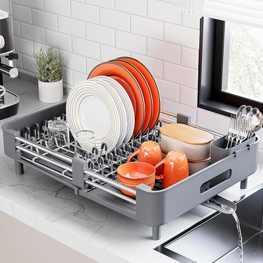 Urackify Stainless Steel Dish Drying Rack - Dish Drainer for Kitchen Counter, Extendable Drainboard with Foldable, Space-Saving Cup & Bowl Organizer, Includes Knife and Utensil Holder, Gray by Urackify