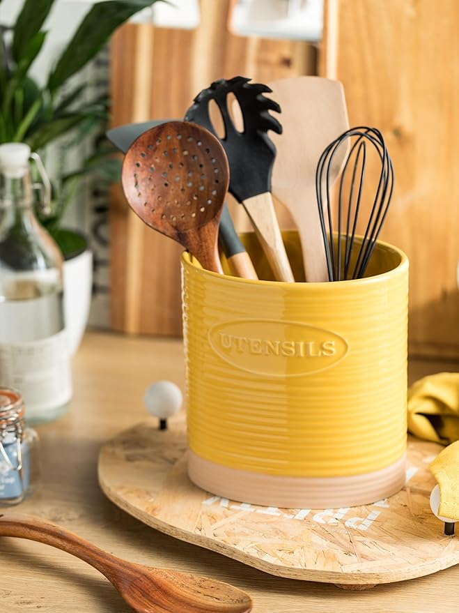 YHOSSEUN Kitchen Utensil Holder for Countertop, Ceramic Utensil Holder for Kitchen Counter, Cooking Utensil Crock for Spatula, Oval Shape, Yellow - Image 3