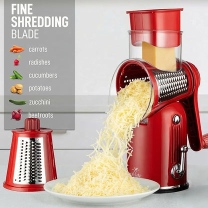 Zulay Kitchen Rotary Cheese Grater 5 Blade Cheese Shredder - Manual Hand Crank Cheese Grater With Reinforced Suction & 5 Interchangeable Drums - Easy to Use, Vegetable Chopper Round Mandoline Slicer - Image 6
